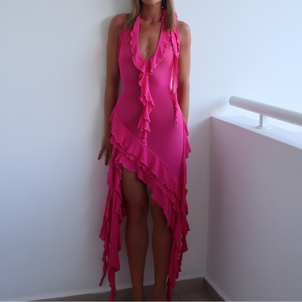 FANCI CLUB Pink Halter Sundress Sleeveless Resort Wear